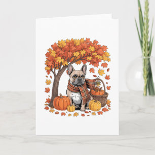 Tarjeta Bufanda de otoño para Bulldog Francés Calabaza Hoj