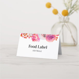 Tarjeta Buffet con etiqueta de comida floral rosa