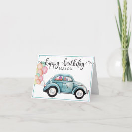 Tarjeta Bug clásico | Auto azul con globos | Cumpleaños