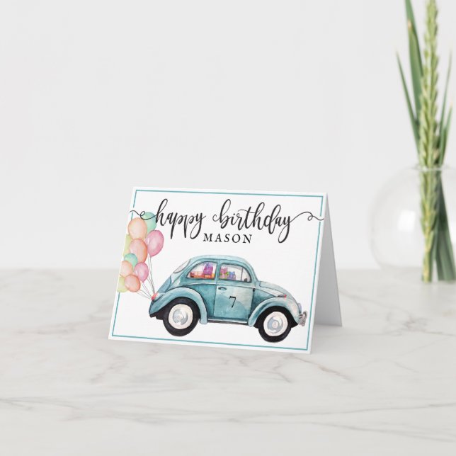 Tarjeta Bug clásico | Auto azul con globos | Cumpleaños (Anverso)