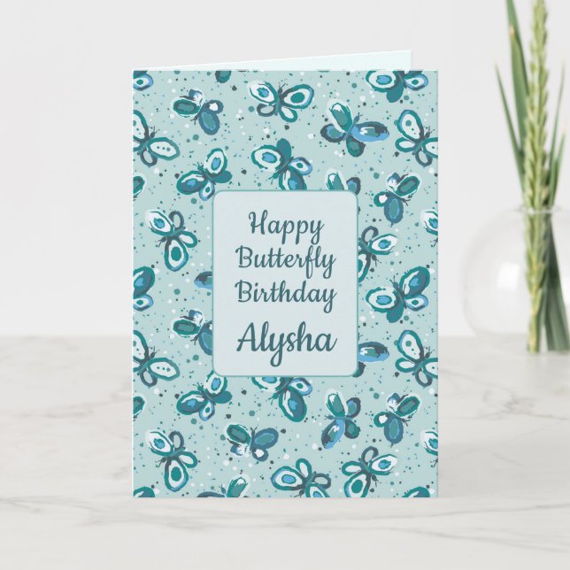 Tarjeta Bugs de perro mariposas - turquesa - cumpleaños. (Anverso)
