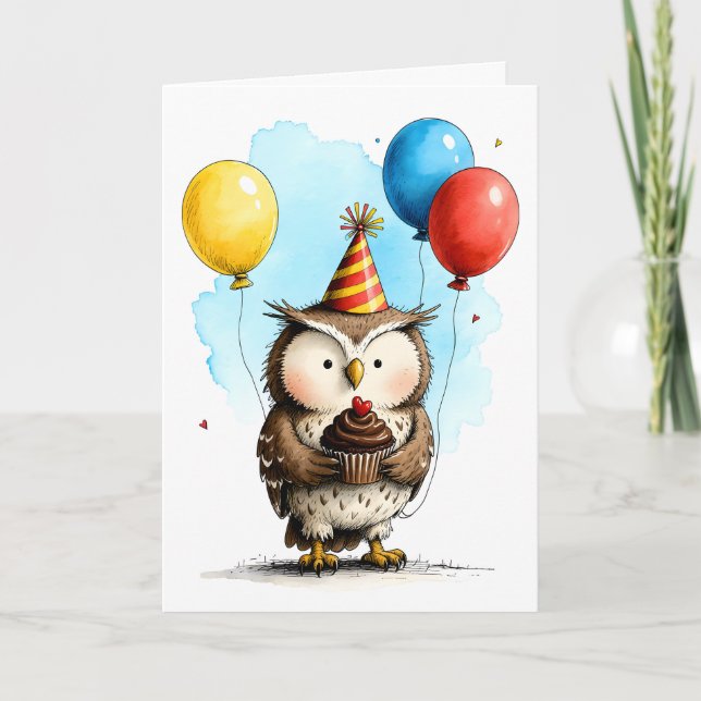 Tarjeta Búho Adorable con Cumpleaños Feliz Infantil (Anverso)