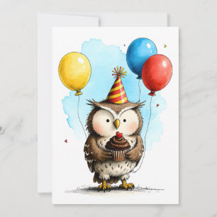 Tarjeta Búho Adorable con Cumpleaños Feliz Infantil Torta 