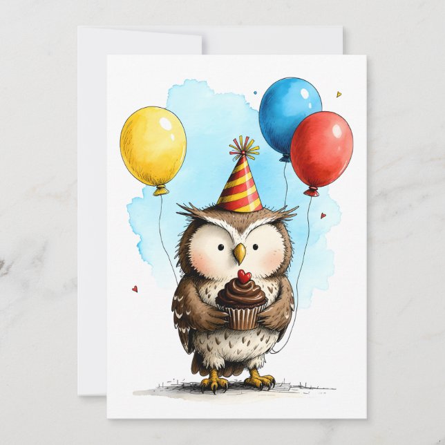 Tarjeta Búho Adorable con Cumpleaños Feliz Infantil Torta  (Anverso)