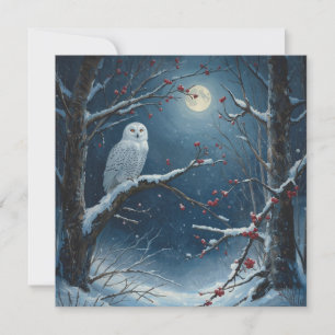Tarjeta Búho blanco en bosque invernal bajo luna llena