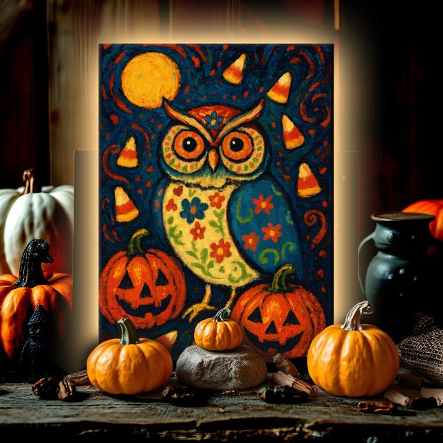 Tarjeta Búho caprichoso de Halloween Arte Popular Noche de (Whimsical folk art owl under moonlight with pumpkins, candy, and blooms for Halloween cheer.)