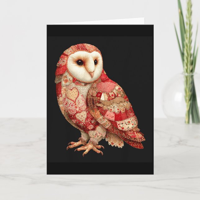 Tarjeta Búho Caprichoso de Parche con Patrón de Corazones (Anverso)
