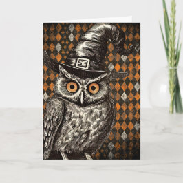 Tarjeta Búho clásico de Halloween con sombrero de bruja