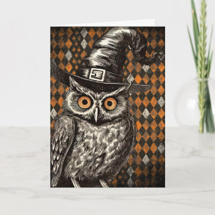 Tarjeta Búho clásico de Halloween con sombrero de bruja