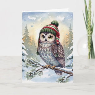 Tarjeta Búho de acuarela de Navidad con sombrero de invier