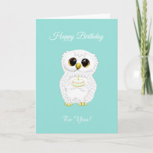 Tarjeta Búho de cumpleaños blanco lindo elegante en azul v