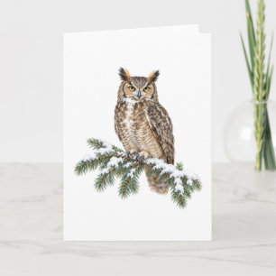 Tarjeta Búho de Gran Cuerno en una Rama Nevada