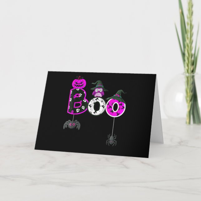 Tarjeta Búho de Halloween con sombrero de bruja arañas niñ (Anverso)