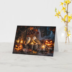 Tarjeta Búho de Halloween con velas Jack O Lanterns