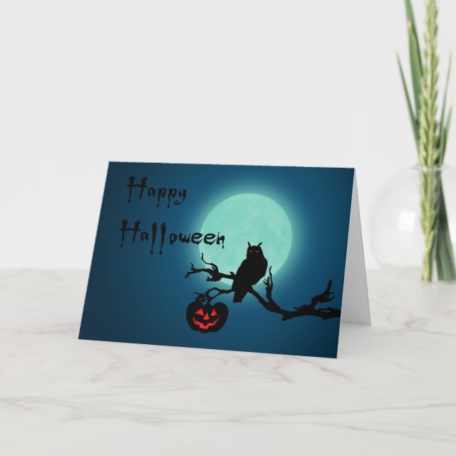 Tarjeta Búho de la calabaza de la noche de Halloween (Anverso)