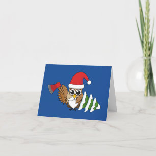Tarjeta Búho de Navidad con Hacha y Pino Nevado