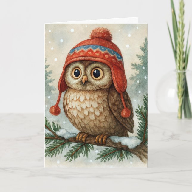Tarjeta Búho de Navidad con sombrero de invierno (Anverso)