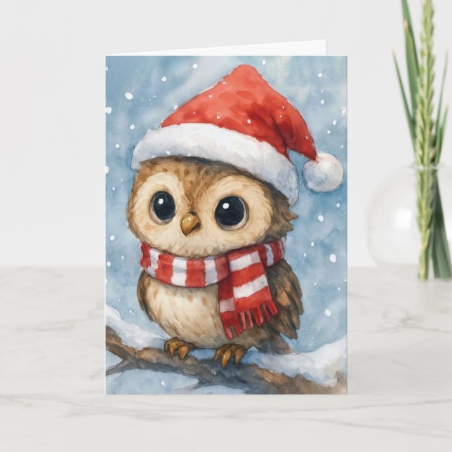 Tarjeta Búho de Navidad en copos de nieve (Anverso)