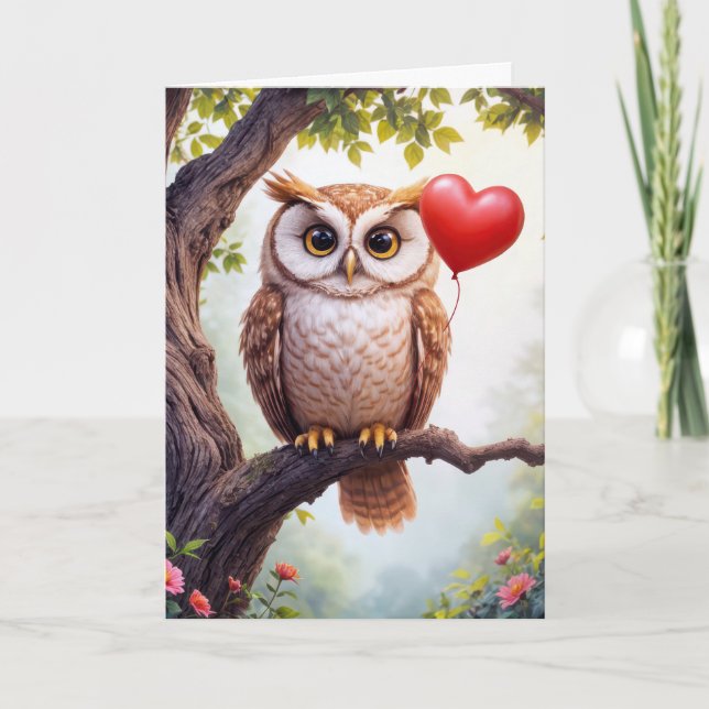 Tarjeta Búho de San Valentín con globo cardíaco (Anverso)