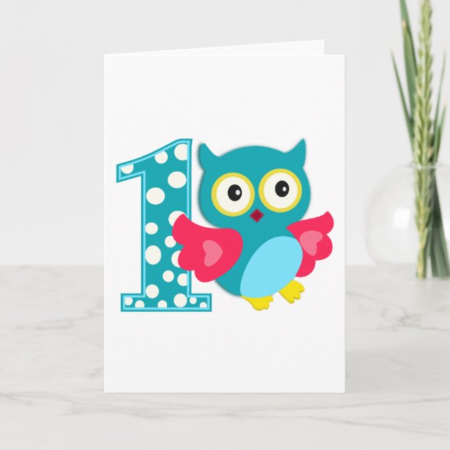 Tarjeta Búho feliz primer cumpleaños (Anverso)