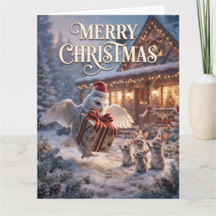 Tarjeta Búho festivo entregando regalo a conejitos