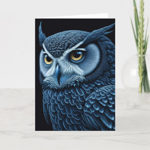 Tarjeta Búho grave azul y negro en blanco