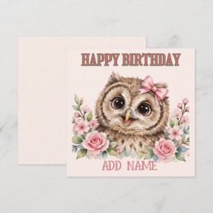 Tarjeta Búho hembra: lazo y flores pastel de animalito beb