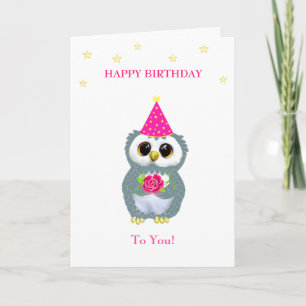 Tarjeta Búho lindo con flor y deseos de cumpleaños en blan