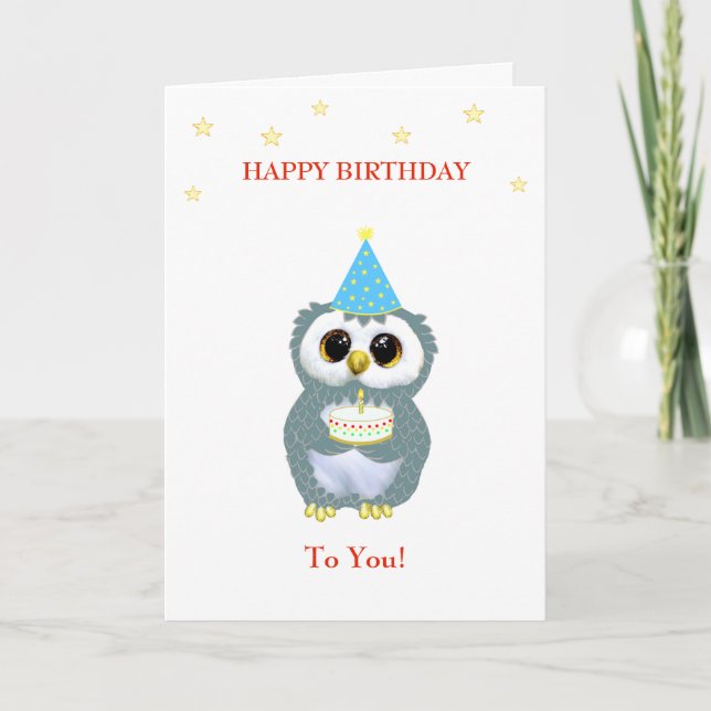 Tarjeta Búho lindo con pastel de cumpleaños y estrellas so (Anverso)