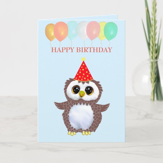 Tarjeta Búho Lindo & Deseos de Cumpleaños Editables en Azu (Anverso)