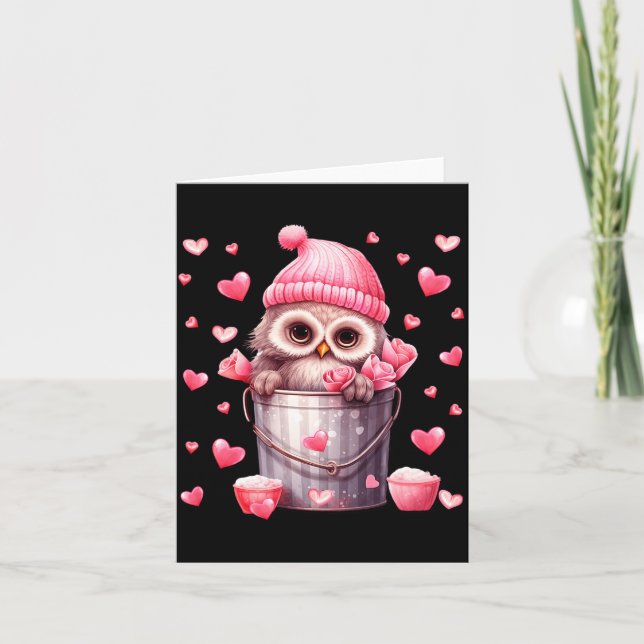 Tarjeta Búho Lindo En Canasta De San Valentín Para Chicas  (Anverso)