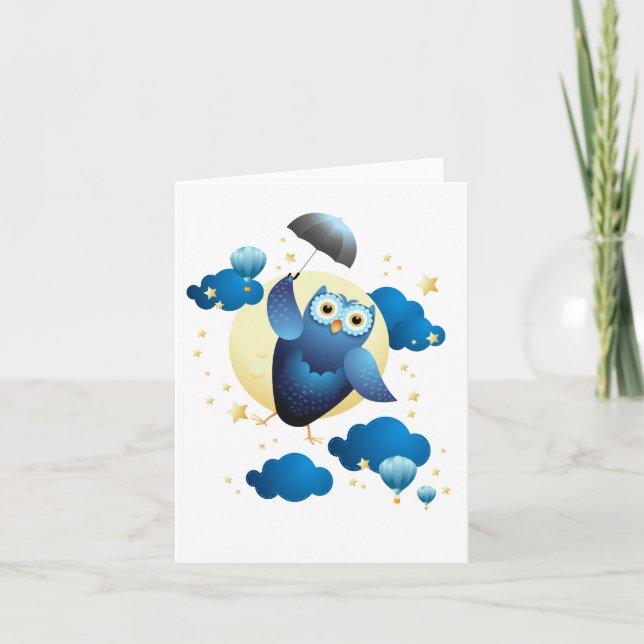 Tarjeta Búho lindo volando con paraguas (Anverso)