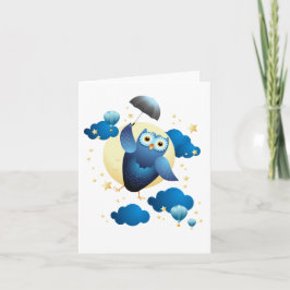 Tarjeta Búho lindo volando con paraguas