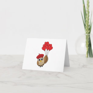Tarjeta Búho Lindo Vuela con Globos de Corazón