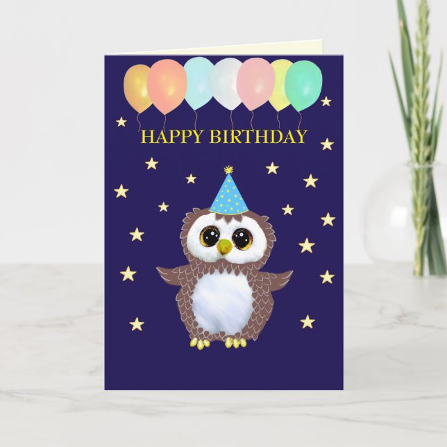 Tarjeta Búho lindo y deseos de cumpleaños editables en azu (Anverso)