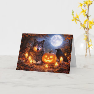 Tarjeta Búho Lobo Cuervo Feliz Halloween en Escena de Otoñ