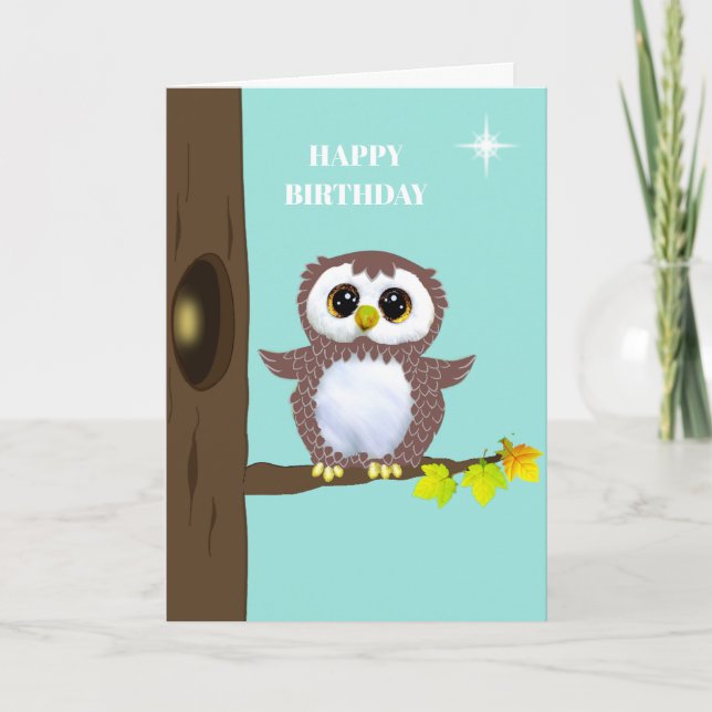 Tarjeta Búho marrón lindo y deseos de cumpleaños editables (Anverso)
