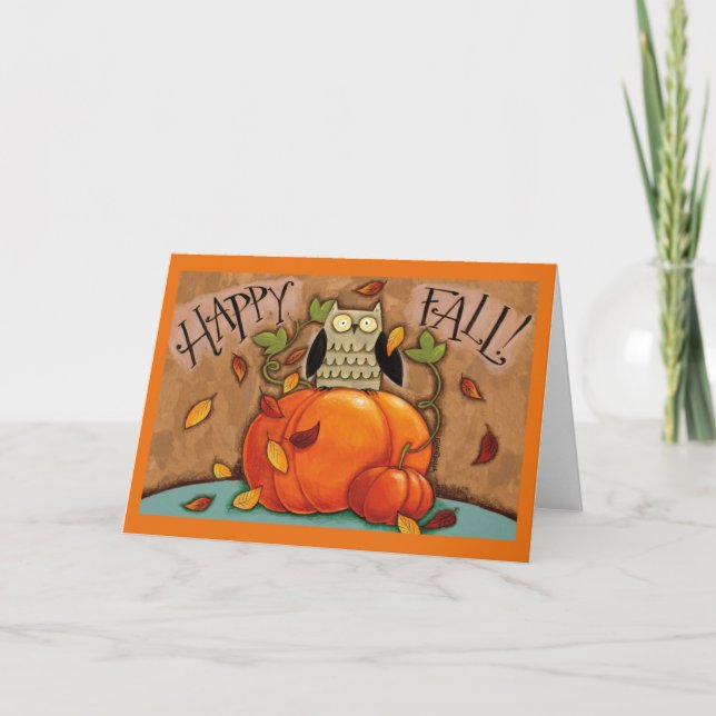 Tarjeta Búho otoño feliz y calabaza (Anverso)