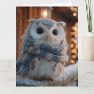 Tarjeta Búho pequeño y lindo con bufanda de invierno tejid