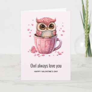 Tarjeta Búho Rosa Lindo en una Taza Día de San Valentín