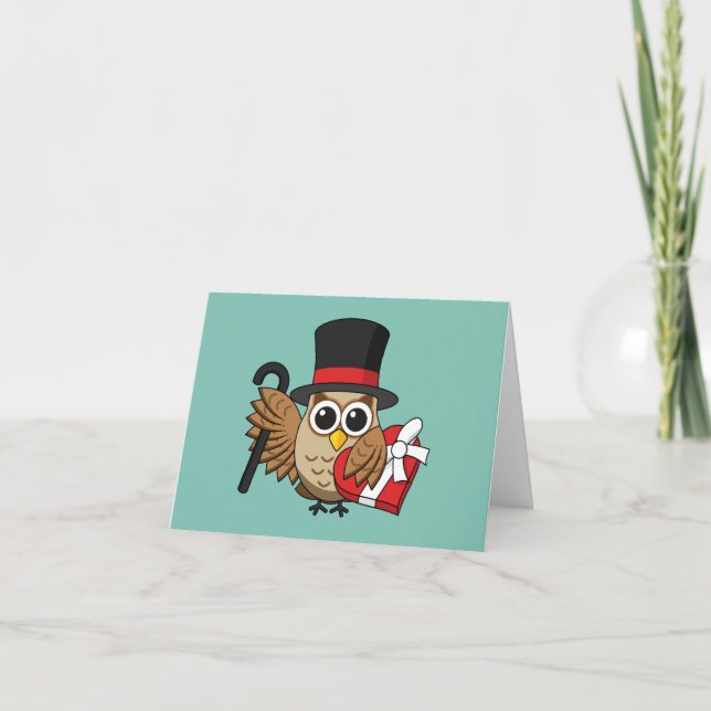 Tarjeta Búho Sofisticado con Caja de Chocolates con Corazó (Anverso)