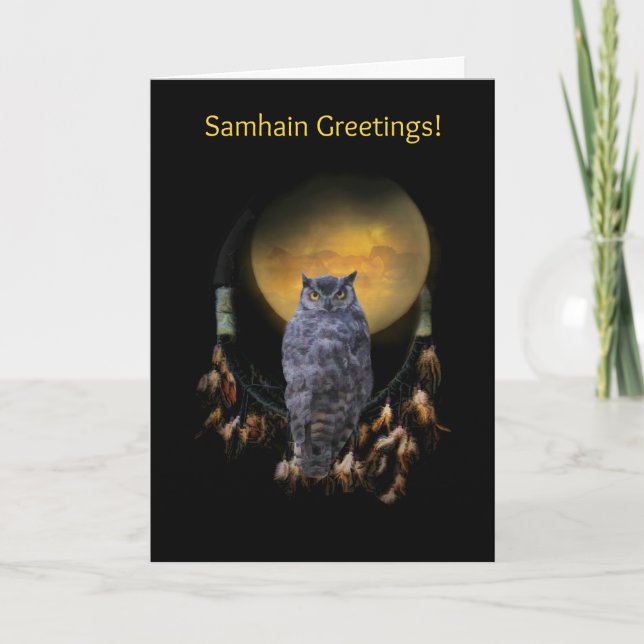 Tarjeta Búho y Cazador de Sueños Samhain (Anverso)
