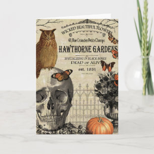 Tarjeta Búho y cráneo modernos de Halloween del vintage