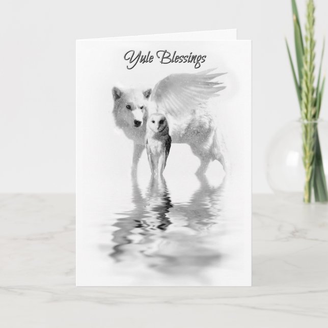 Tarjeta Búho y Lobo Alado Solsticio de Invierno Yule (Anverso)