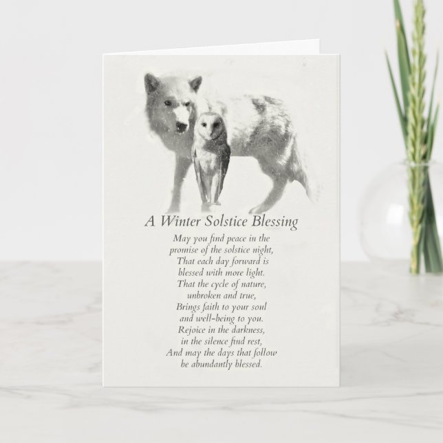 Tarjeta Búho y lobo en bendiciones del solsticio de invier (Anverso)