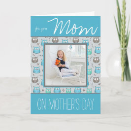 Tarjeta Búhos azules y grises con foto del Día de la Madre