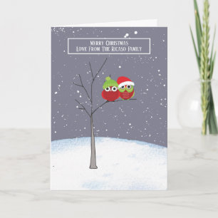 Tarjeta Búhos lindos en árbol de Navidad personalizado