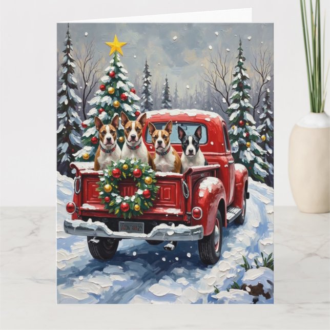 Tarjeta Bull Terrier Christmas Red Truck Holiday (Anverso)