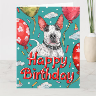 Tarjeta Bull Terrier con globos