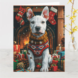 Tarjeta Bull Terrier con regalos de Navidad Chimenea